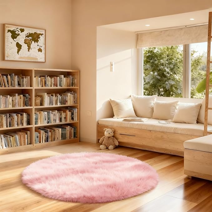 4x4 Round Solid Fluffy Pink Area Rug – Washable, Durable, Circle Bedroom Rug, Non-Slip High Pile Shag Rugs for Living Room, Bedside, Dorms, Grils Rooms, Kids Room, Soft Indoor Floor Carpet