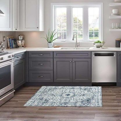 Easy-Going Boho Area Rug 2x3 Washable Entryway Rugs Front Door Mat Indoor Entrance Non-Slip Vintage Small Entry Rug for Living Room Kitchen Bathroom Office Lightweight Carpet, Floral Blue Cream