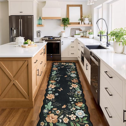 Lahome Floral Runner Rug for Hallways, 2'6''x8' Kitchen Runner Non Slip, Soft Washable Hallway Rugs with Rubber Backing Carpet for Laundry Bedroom Bathroom(Black/Grey)
