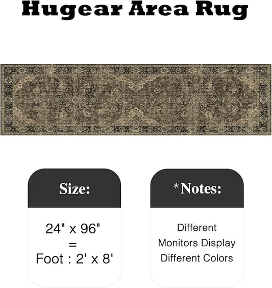 HUGEAR 2x8 Runner Rug Hallway Machine Washable Retro Brown Vintage Floral Low Pile Carpet Distressed Long Throw Rug Bedroom Office Bathroom Kitchen Laundry Non Slip Soft Lightweight