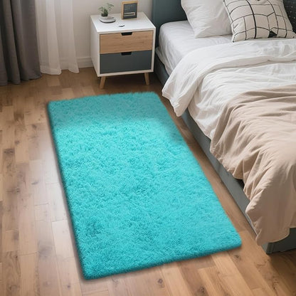 Teal Blue Rug Fluffy Rugs, 3x5 Teal Area Rugs for Bedroom, Soft Cute Baby Play Mat, Indoor Floor Carpet for Teen, Nursery, Preppy Dorm, Plush Aesthetic Bedside Rug