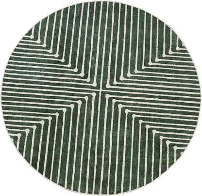 GLN Rugs Contemporary Collection - Machine Washable Area Rug, Contemporary Washable, Non Slip, Low Pile Chenille Rug, Living Room, Bedroom, Kitchen Rug (5'3" Round Beige Green)