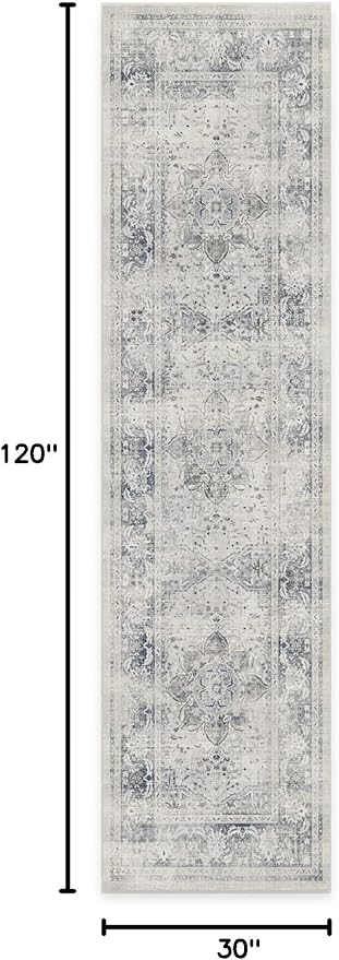 RUGGABLE Washable Vintage Runner Rug – Sarrah Blue Quartz 2.5x10, Stain-Resistant, Non-Slip Hallway Runner – Machine Washable Rug for Hallway, Entryway, Living Room & Kitchen–with Standard Pad