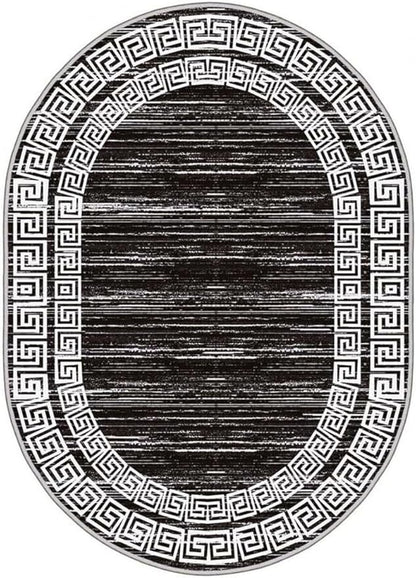 Minimalist Distressed Black Off White Greek Key Pattern Bordered Rug 7x9 for Liivng Room Bedroom Dining Room Soft Non Skid Washable Large Rugs Nursery Dorm Kitchen Rustic Classic Indoor Oval Carpet