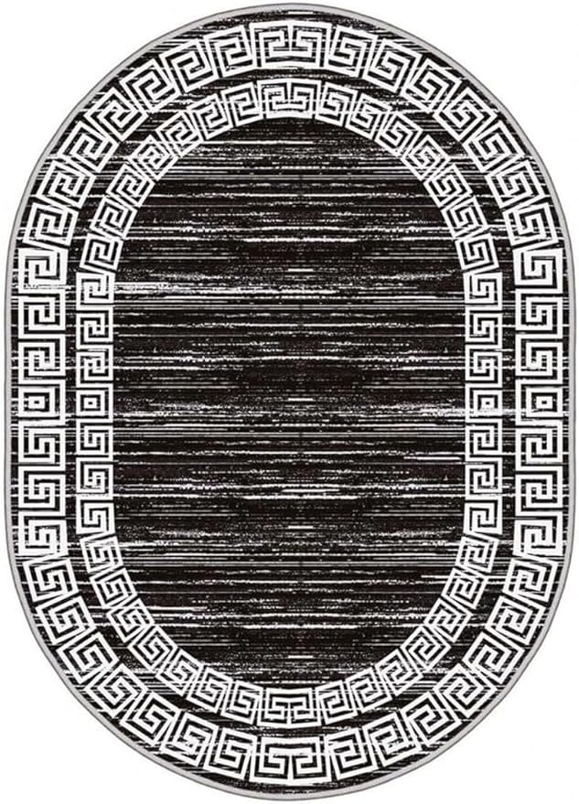 Minimalist Distressed Black Off White Greek Key Pattern Bordered Rug 10x12 for Liivng Room Bedroom Dining Room Soft Non Skid Washable Large Rugs Nursery Dorm Kitchen Rustic Classic Indoor Oval Carpet
