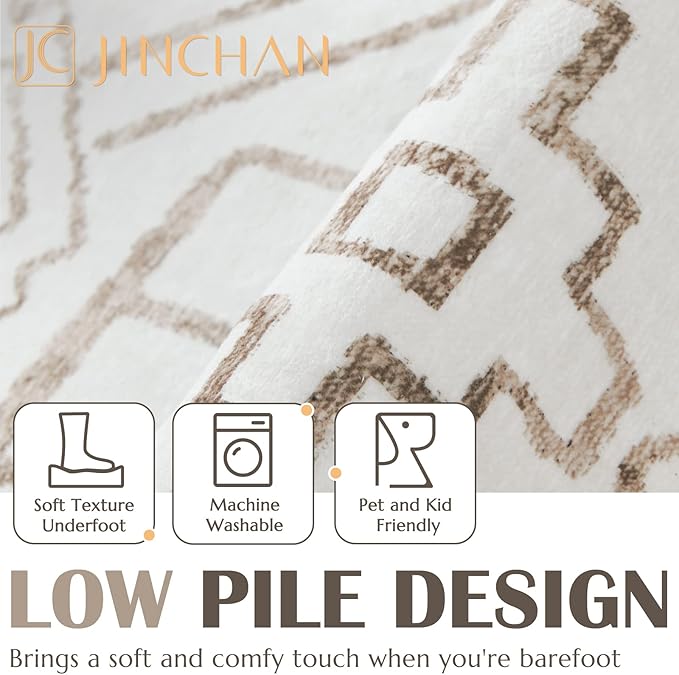 jinchan Hallway Runner Rug 3x8 - Moroccan Kitchen Machine Washable Runner Rug Modern Geometric Soft Faux Wool Ultra-Thin Low-Pile Non-Slip Carpet for Laundry Room Bedroom Farmhouse (3x8ft, Taupe)