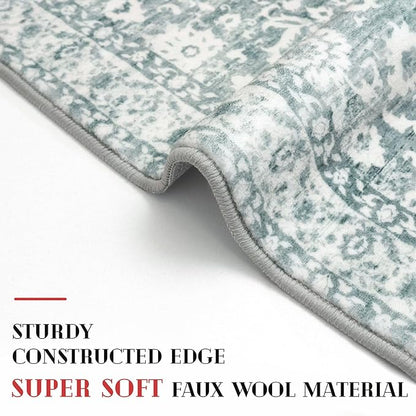 Vintage Floral 3x5 Rug, Sage Green White Entryway Rug Small Area Rug Washable Non-Slip Throw Rug, Thin Printed Faux Wool Low-Pile Kitchen Rugs Super Soft Capet for Entrance Bedroom Office