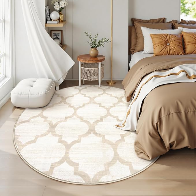 Lahome Moroccan Round Rugs - 4x4 Washable Non-Slip Small Round Area Rug Throw Soft Circle Rugs for Bedroom, Modern Print Indoor Round Carpet for Entryway Sofa Nursery Living Room (Beige, 4Ft-Round)