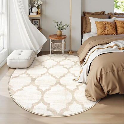 Lahome Moroccan Round Rugs - 4x4 Washable Non-Slip Small Round Area Rug Throw Soft Circle Rugs for Bedroom, Modern Print Indoor Round Carpet for Entryway Sofa Nursery Living Room (Beige, 4Ft-Round)