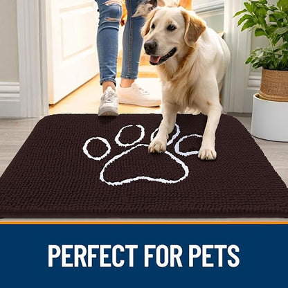 OLANLY Dog Door Mat for Muddy Paws 36x24, Paw Print Design, Absorbs Moisture and Dirt, Absorbent Non-Slip Washable Doormat, Quick Dry Chenille Mud Mat for Dogs, Entry Indoor Entryway Carpet, Brown