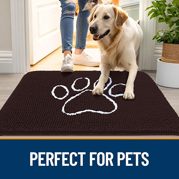 OLANLY Dog Door Mat for Muddy Paws 70x46, Paw Print Design, Absorbs Moisture and Dirt, Absorbent Non-Slip Washable Doormat, Quick Dry Chenille Mud Mat for Dogs, Entry Indoor Entryway Carpet, Brown
