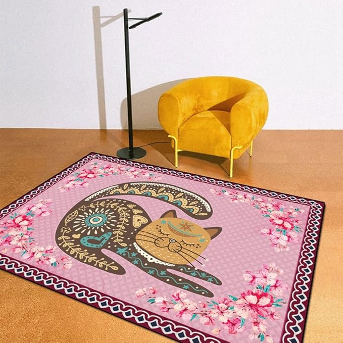 Cartoon Animal Pattern Area Rug Cute Cat Luxury Floral Decor for Carpet Farmhouse Bedroom Living Room Rugs Bathroom Kitchen Runner Mat Indoor Outdoor Non Slip Doormat 1.6' X 2.6'