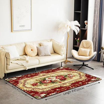 Elegant Red Floral Large Area Rug 5x7 Gold Geometric Living Room Rug | Bohemian Nordic Floral Rugs for Bedroom, Antique Decor Victorian Damask Carpet Indoor Floor Mat