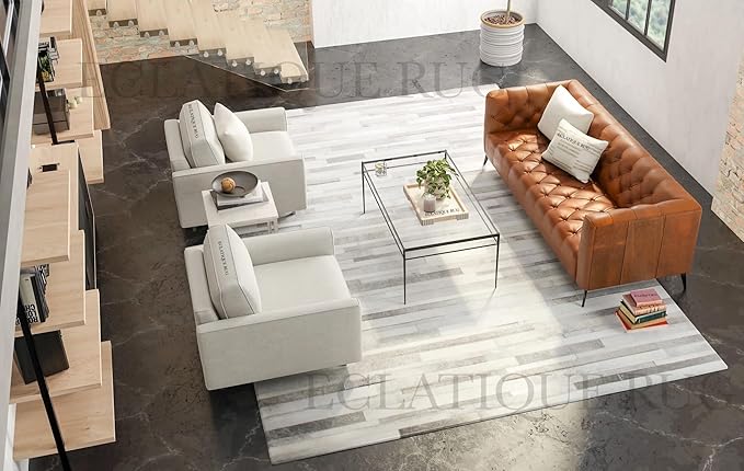 Cowhide Leather Rug for Living Room 6x9 Natural Leather Rug Modern Stripes Style Floor Carpet for Home Decor | Superior Indoor Area Rug Silver