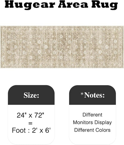 HUGEAR 2x6 Runner Rug Machine Washable Beige Hallway Area Rugs Indoor Accent Rugs Floral Low Pile Carpet Distressed Throw Rug Bedroom Living Room Office Dining Kitchen Laundry Non Slip