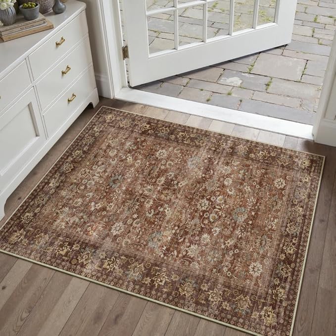 HUGEAR 2x3 Small Rug Machine Washable Area Rug Brick Red Entryway Rugs Entrance Door Mat Indoor Accent Rugs Floral Low Pile Carpet Distressed Throw Rug Kitchen Bedroom Office Non Slip