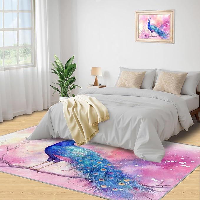 Peacock Rugs for Living Room - 6x8 Rug, Fantasy Peacock Area Rugs for Bedroom, Peafowl Rug, Girls Room Washable Carpet, Aesthetics Carpet - Peafowl Home Decor & Gifts