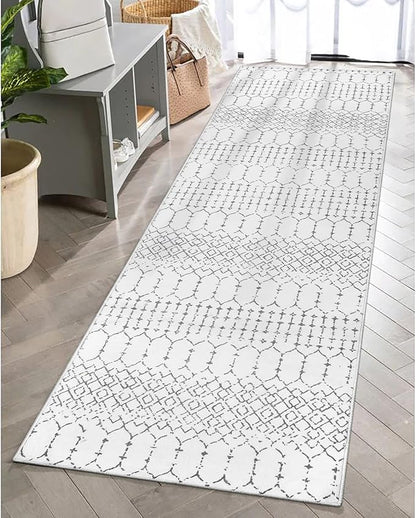 Lahome Moroccan Washable Runner Rug - 2x6 Non-Slip Throw Hallway Rug Runner Ultra-Thin Soft Kitchen Laundry Room White Print Distressed Carpet for Entryway Bathroom Living Room