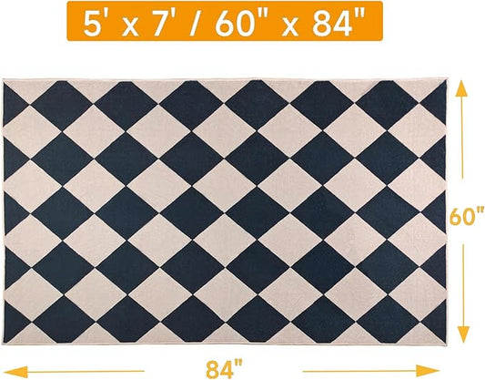 Checkered Area Rug 5x7 Black Washable Living Rugs Non-Slip Modern Ultra Soft Neutral Low Pile Diamond Carpet for Office Dining Room Playroom Kids Room