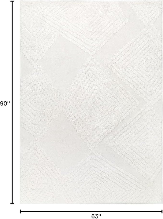 Antep Rugs Palafito 5x7 Geometric Shag Diamond High-Low Pile Textured Indoor Area Rug (White, 5'3" x 7'6")