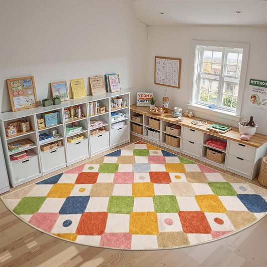 jinchan Macy Kids Rug for Classroom 8ft Radius Corner Washable Area Rug Modern Colorful Quarter Circle Rug Soft Non-Slip Carpet for Nursery Playroom Daycare Reading Nook Living Room Circus on Cream