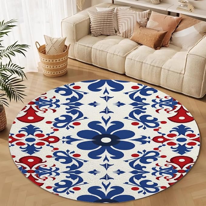 Vintage Blue Flowers Washable Round Rugs Oriental Tribal Floral Circle Rugs for Living Room Entryway Round Area Rug Soft Non Slip Nursery Carpet for Bedroom Dining Coffee Table 8ft