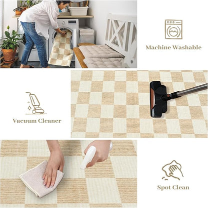 Machine Washable 5x7 Area Rugs for Living Room Checkered, Non Slip Soft Low Pile Farmhouse Geometric Modern Neutral Playroom Boys Rugs for Bedroom, Large Carpet Rugs for Dining Room(Ivory,5'x7')