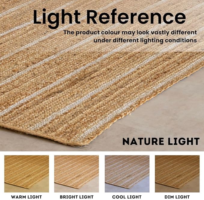 HOMEMONDE Natural Braided Jute Rug 3x5 ft - Hand Woven Off White Stripe Rustic Vintage Reversible Area Rugs for Bedroom, Kitchen, Living Room, Dining Room, Entryway and Doormat