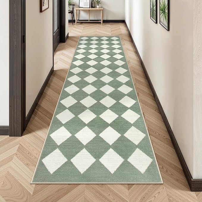 Lahome Checkered Washable 2x8 Green Runners for Hallways Non Slip, Ultra-Thin Kitchen Bathroom Runner Rugs, Moroccan Trellis Throw Carpet Runner for Bedroom Entryway Decor (2'x8',Green)