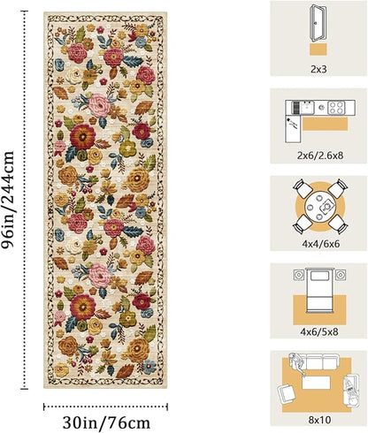 2'6''x8' Machine Washable Runner Rug, Kitchen Hallway Area Rug Beige Vintage Boho Floral Ultra Non-Slip Low Pile Soft Faux Wool Carpet, Kids and Pets Friendly for Bedroom Entryway Nursery Decor Rug