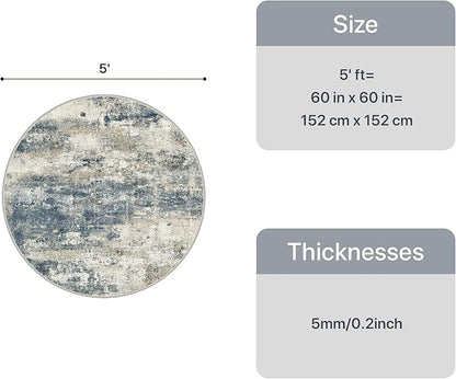GENIMO Round Area Rugs 5FT for Living Room, Washable Circle Rug Low Pile, Non Slip Abstract Carpet for Bedroom, Enytryway, Kitchen, Navy Blue