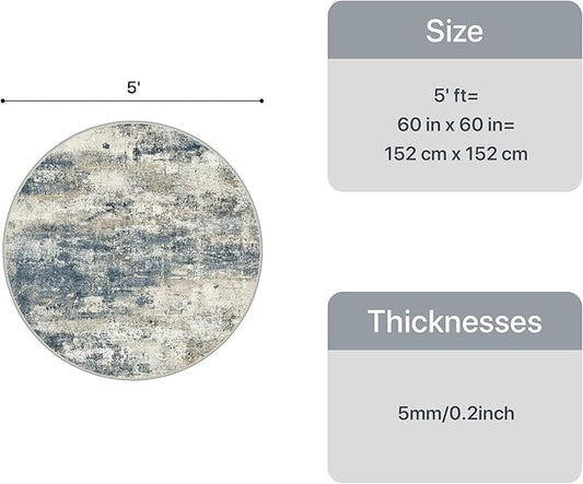GENIMO Round Area Rugs 5FT for Living Room, Washable Circle Rug Low Pile, Non Slip Abstract Carpet for Bedroom, Enytryway, Kitchen, Navy Blue
