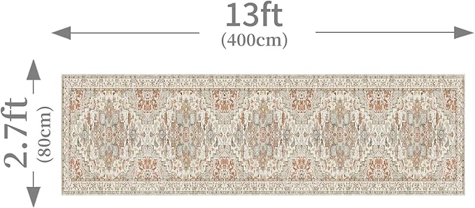Enkor Runner Rugs for Hallway, 2.6x13 Washable Soft Boho Non Slip Floor Rugs for Kitchen, Modern Mat for Living Room Bedroom Entryway Beige & Orange