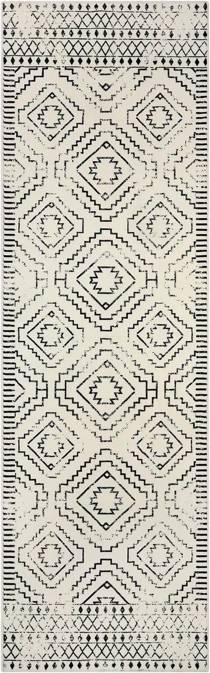 Wonnitar Moroccan Runner Rug, Washable 2'6"x8' Kitchen Runner Rug, Geometric White Hallway Bathroom Rug Runner, Non-Slip Long Boho Tribal Accent Floor Carpet for Bedroom Laundry (Beige,2'6"x8')