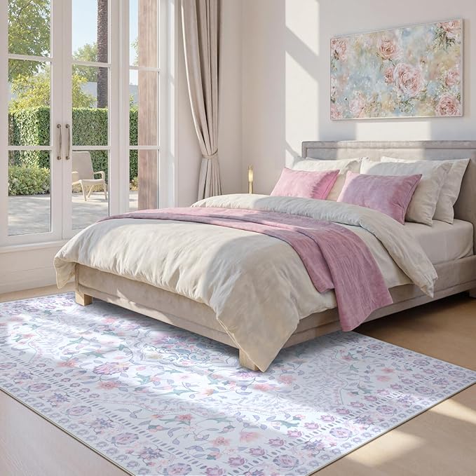 Wonnitar Floral Purple Rug for Bedroom, 8x10 Washable Rugs for Nursery Girls, Boho Low Pile Soft Non Slip Carpet for Dorm Living Room Playroom Home Decor, Pale Purple