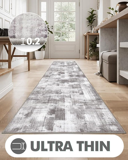 LUMI Washable Runner Rug, 3'x7' Non-Slip Hallway Mat, Low Profile Thin Long Carpeet for Laundry Kitchen Bedroom Office, Grey