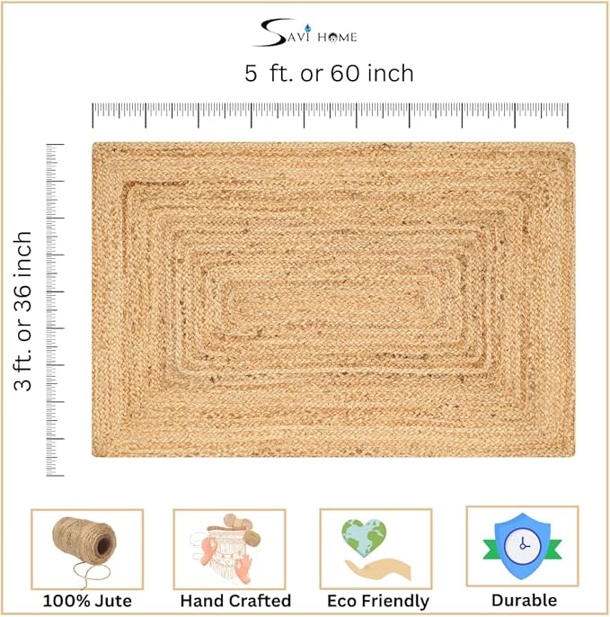 Savi Home Natural Jute Rug 3x5 Ft – Handwoven Braided Area Rug for Kitchen, Living Room & Bedroom – Eco-Friendly, Durable, Washable Woven Floor Mat – 36x60 Inch Rustic Farmhouse Décor