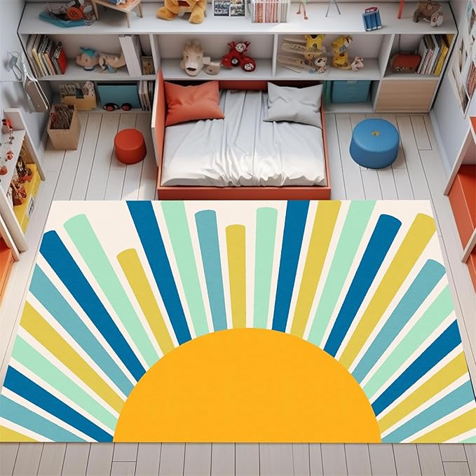 Rainbow Sun Area Rug,3x5ft,Boho Geometric Print Rug, Modern Mid-Century Colorful Rug for Kids Girls Boys Bedroom, Living Room, Classroom, Office Non-Slip Washable