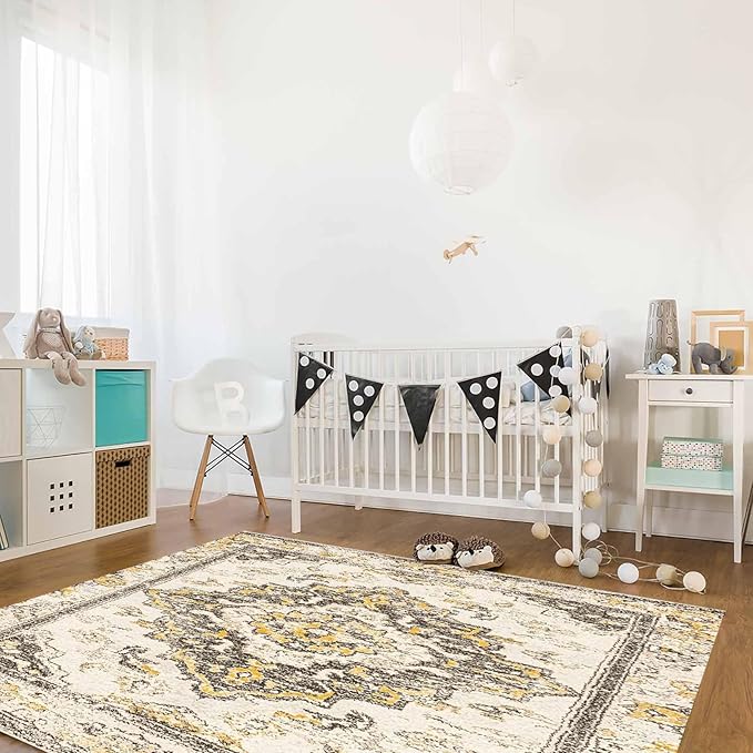 Bohemian Pattern Rectangular Area Rugs for Living Room Bedroom 5 x 6.9 ft Brown & Yellow Abstract Non-Shedding Soft Low Pile Rug Non Slip Washable Rug for Nursery Entryway Playroom