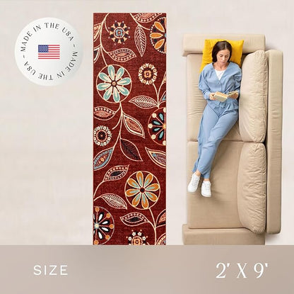 Maples Rugs Reggie Floral Runner Rug - Made in USA - Washable, Non Slip Indoor Carpet for Kitchen, Hallway, and Laundry Room, 2' x 9', Merlot
