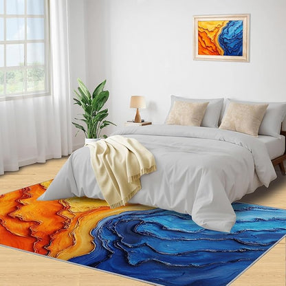 Navy Blue Rugs for Bedroom - 3x5 Area Rug - Abstract Blue Orange Rugs for Living Room, Modern Simple Art Rug, Washable Home Decor Carpet