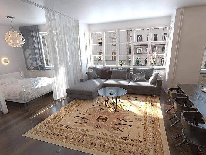Unique Loom Taftan Collection Border Geometric Tribal Inspired Design Area Rug (9' 0 x 12' 0 Rectangular, Ivory/ Tan)