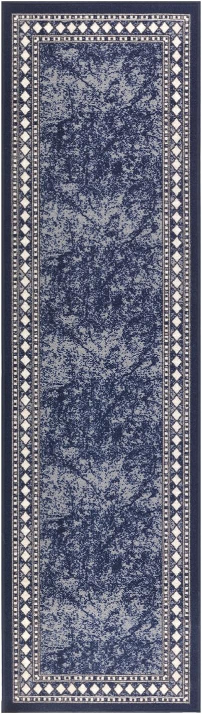 Antep Rugs Alfombras Modern Bordered 2x7 Non-Skid (Non-Slip) Low Profile Pile Rubber Backing Indoor Area Runner Rugs (Navy Blue, 2' x 7')
