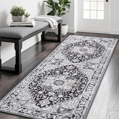 Runner Rug 2×6, Machine Washable Vintage Non-Slip Area Rug, Low Pile, Decorative Carpet Printed Floral Rugs for Living Room, Entryway, Kitchen, Bedroom, Black