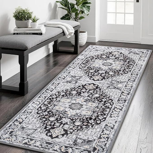 Runner Rug 2×6, Machine Washable Vintage Non-Slip Area Rug, Low Pile, Decorative Carpet Printed Floral Rugs for Living Room, Entryway, Kitchen, Bedroom, Black