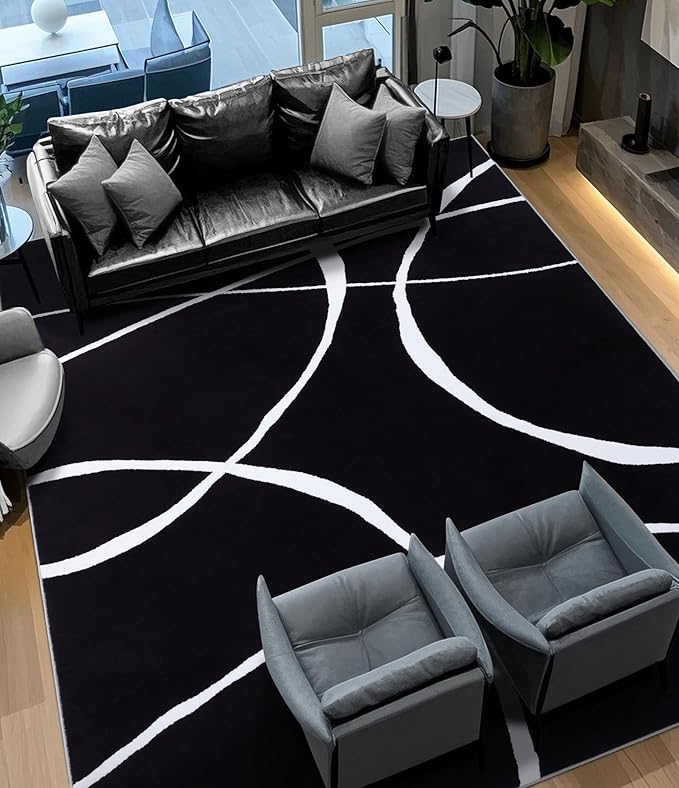 YIHOUSE Modern Washable Area Rug for Living Room Bedroom - Large Abstract Black and White Rug Non-Slip Ultra-Thin Home Decor (Dark Curve, 6'x9'ft)