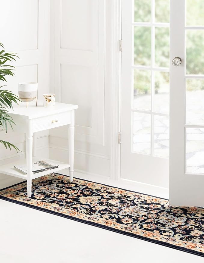 Rugs.com Yasmin Collection Rug – 16 Ft Runner Navy Blue Medium Rug Perfect for Hallways, Entryways