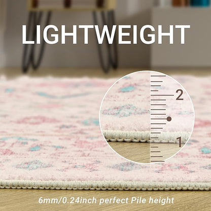 zesthome 9x12 Area Rugs for Girls Bedroom, Low Pile Machine Washable Rugs, Vintage Large Pink Rugs, Stain Resistant Nursery Room Rug, Baby Crawling Rug (Pink/Blue,9'x12')