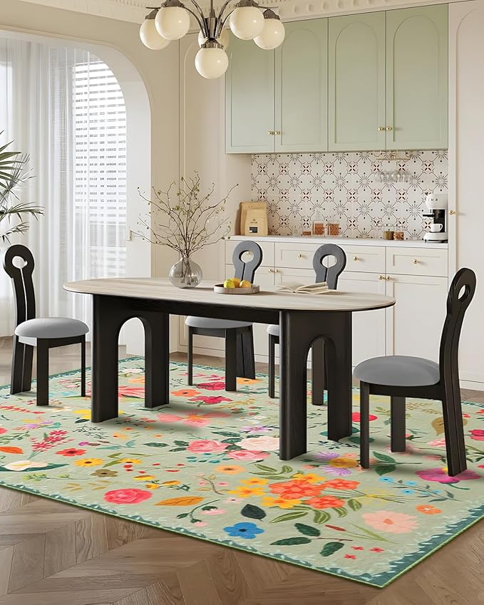 Boho Washable Area Rug 6x9 for Living Room, Bedroom, Office, Playroom, Kitchen or Dining Room, Soft Floral Carpet for Indoor Use, Easy Care Non-Slip Design (Green)