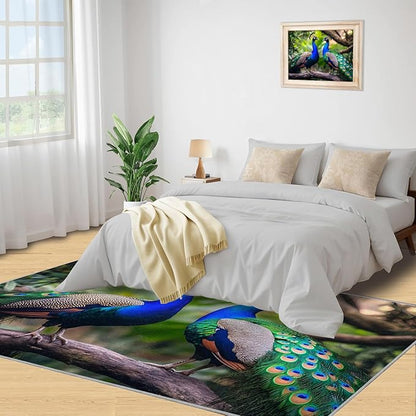 Peacock Rugs for Bedroom - 5x8 Rug, Peacock Couples Area Rugs for Living Room, Nature Carpet, Peafowl Washable Area Mat, Malachite Green Feather Carpet - Peafowl Home Decor & Gifts